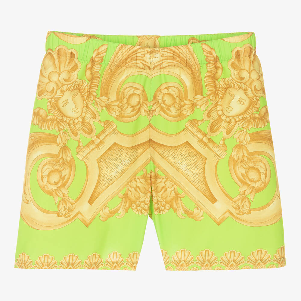 Versace - شورت سباحة تينز ولادي لون ذهبي وأخضر بطبعة الباروك | Childrensalon