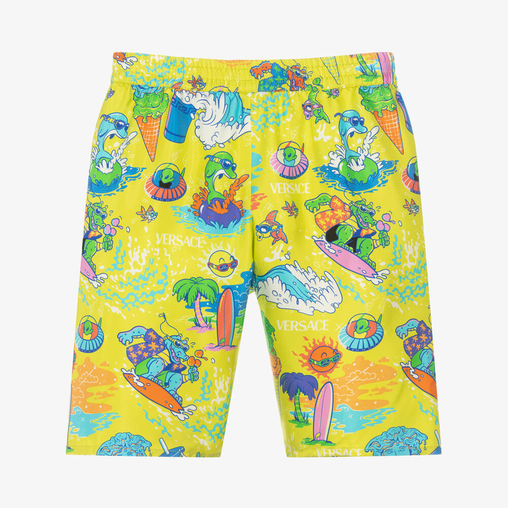 Versace - Teen Boys Green Graphic Silk Shorts | Childrensalon