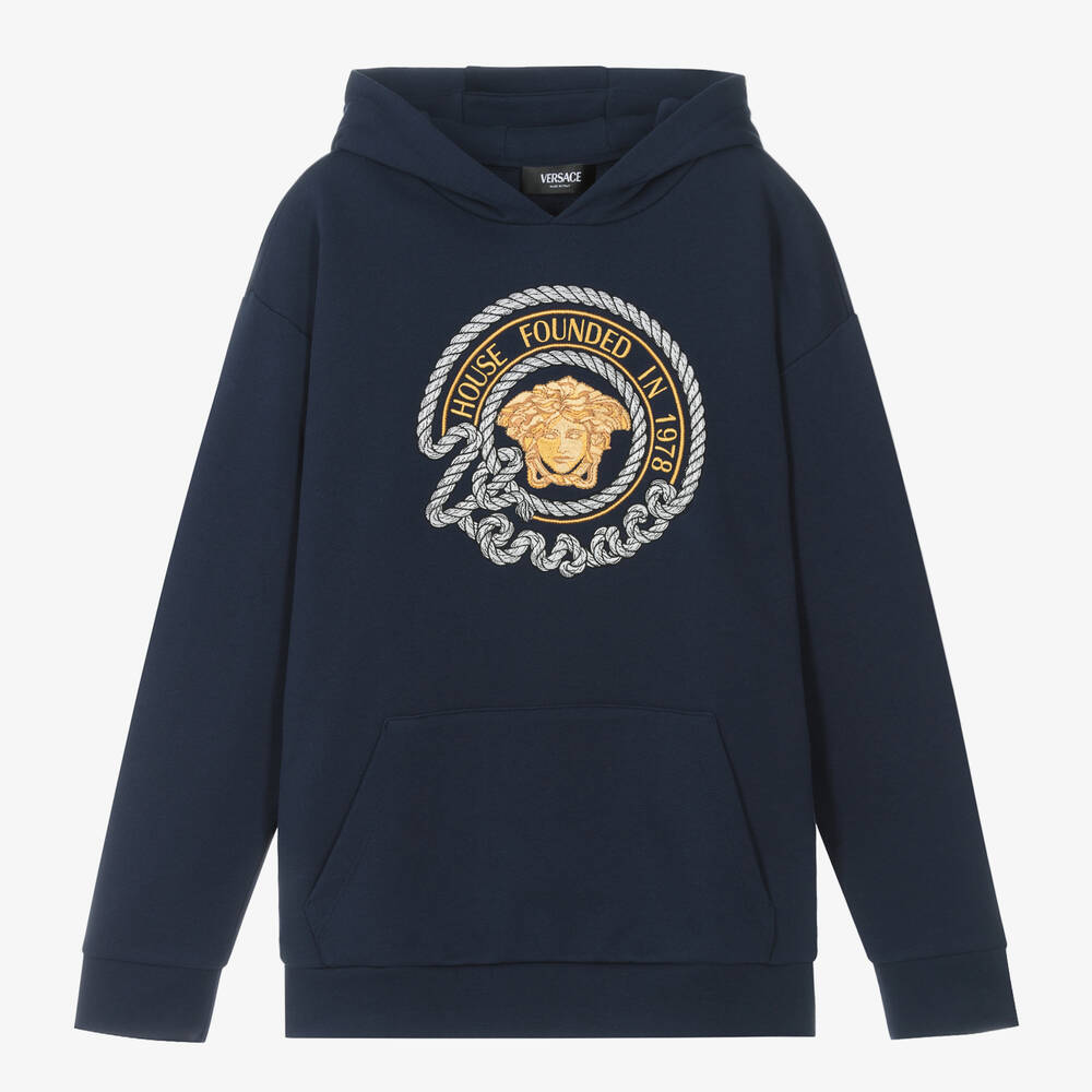 Versace Teen Boys Navy Blue Cotton Nautical Hoodie Childrensalon Outlet