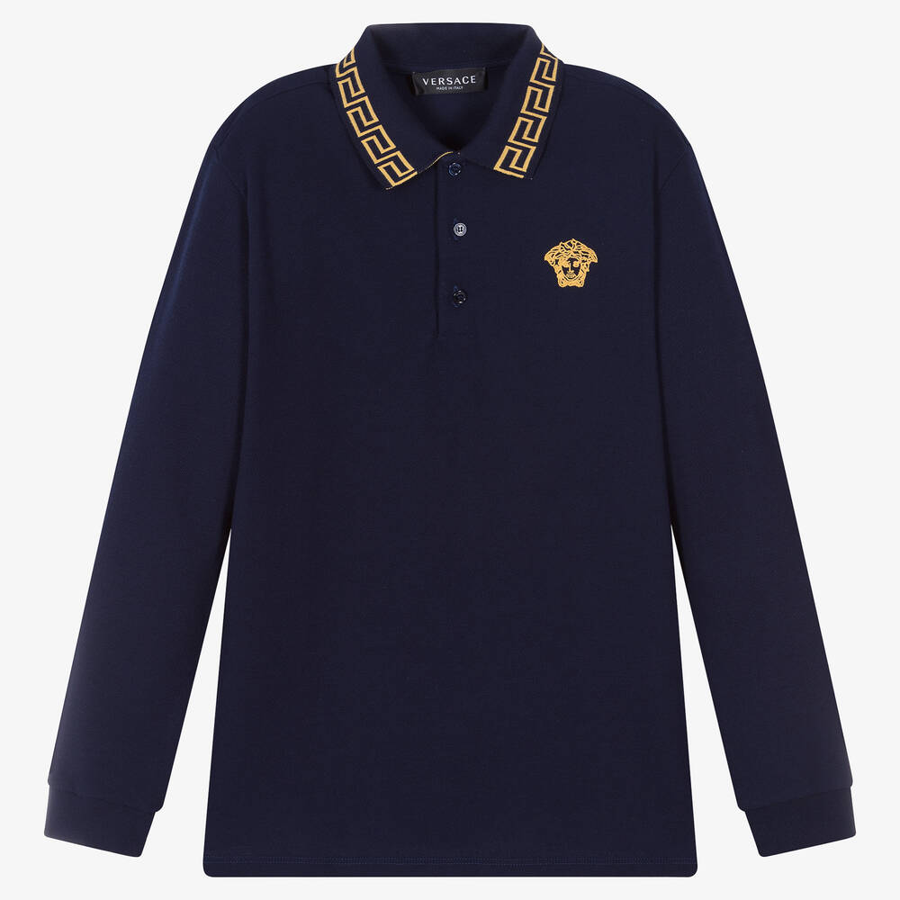 Versace - Teen Boys Navy Blue Cotton Polo Shirt | Childrensalon