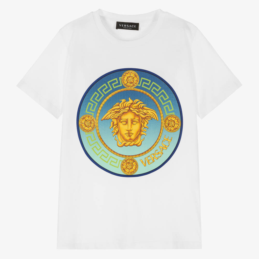 Versace-تيشيرت قطن لون أبيض وأزرق بطبعة ميدوسا | Childrensalon Outlet