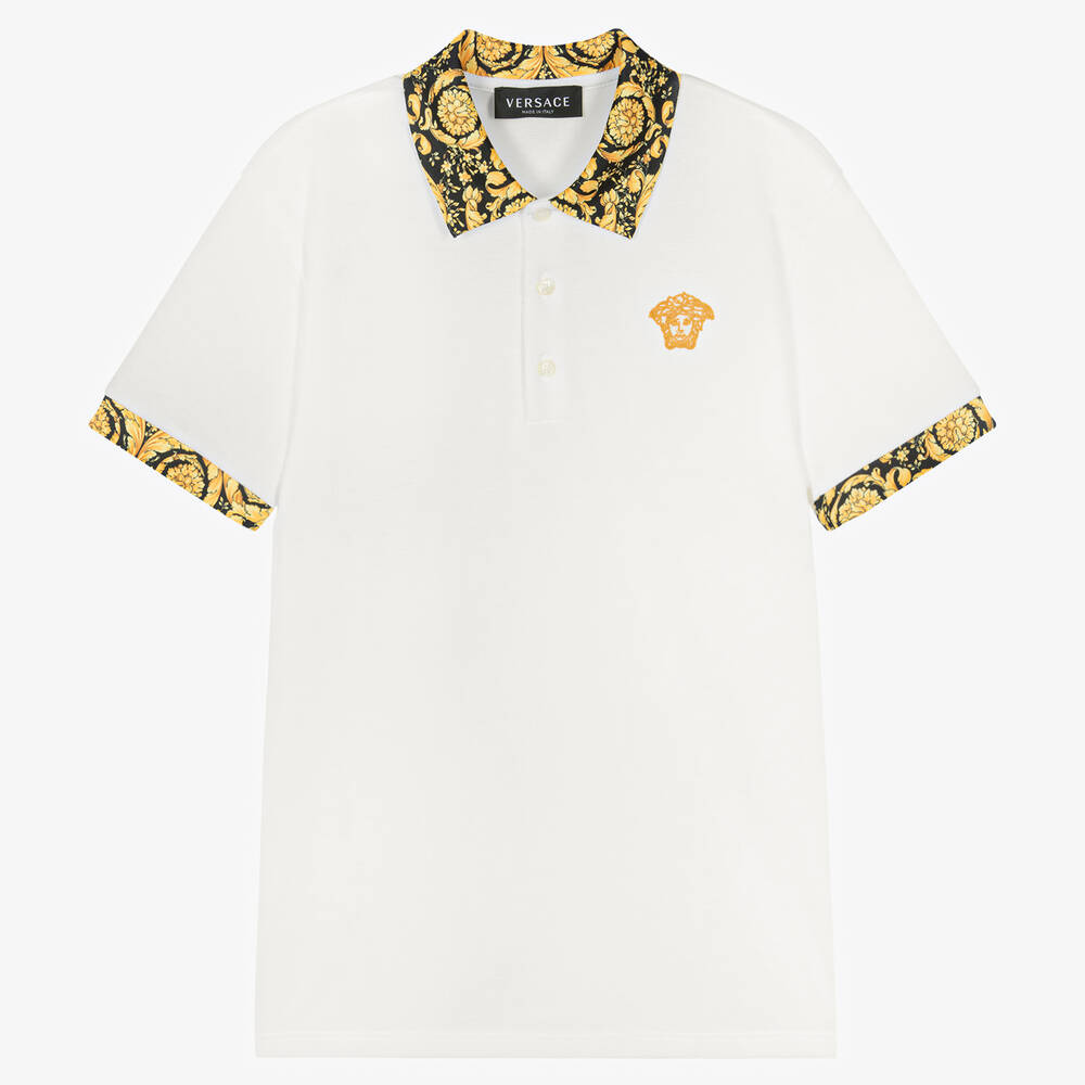 Versace - Белая рубашка поло из хлопка с принтом Barocco | Childrensalon