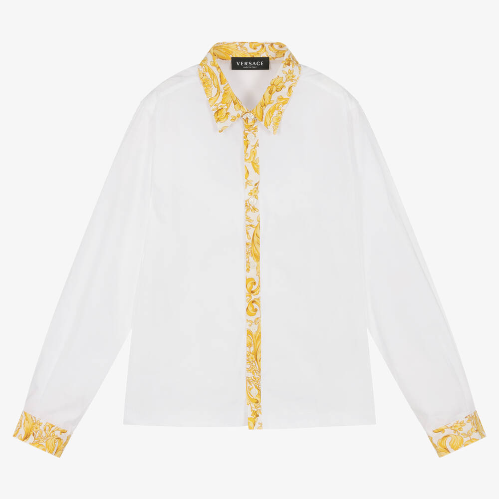 Versace - Бело-золотистая хлопковая рубашка с принтом Barocco | Childrensalon