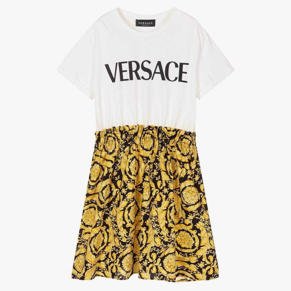 Versace - فستان تينز بناتي قطن لون ذهبي وأسود بنقشة الباروك | Childrensalon