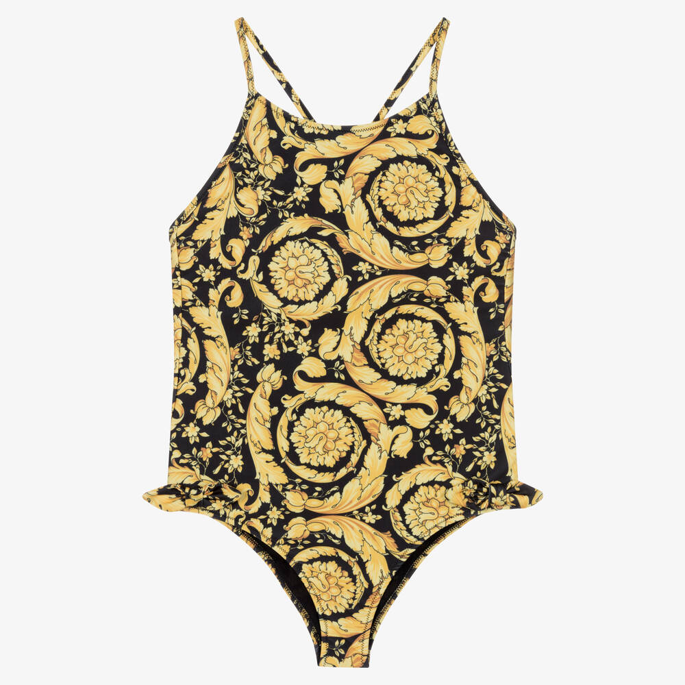 Versace - Teen Girls Black & Gold Barocco Swimsuit | Childrensalon