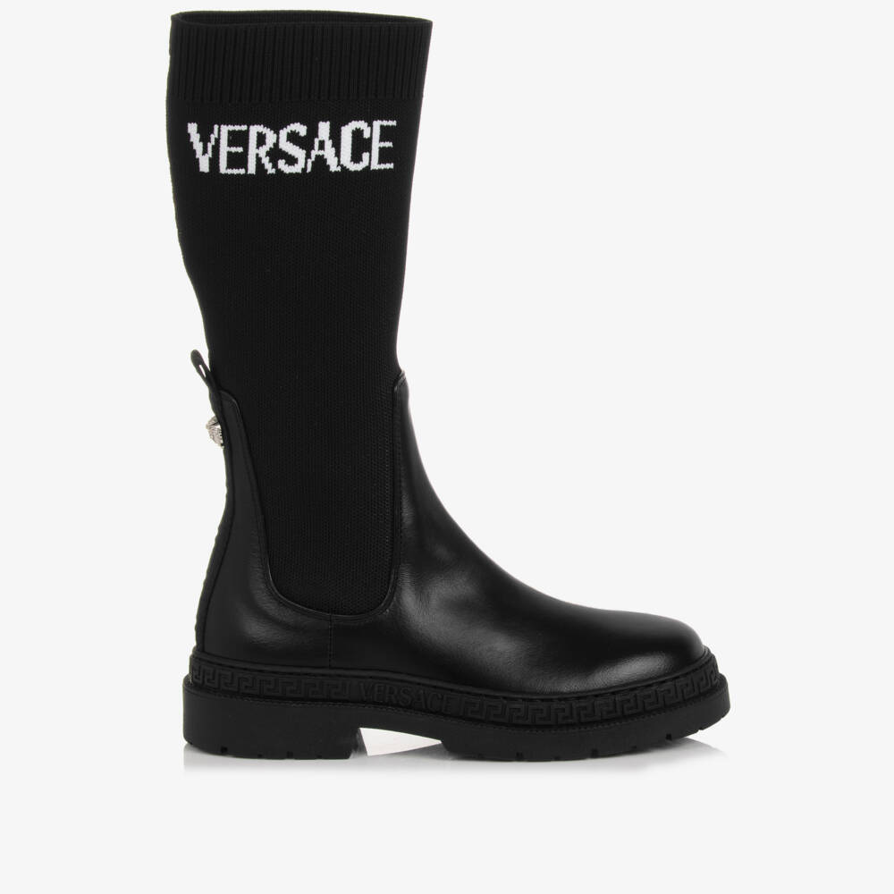 Versace-Teen Girls Black Leather & Knit Greca Boots | Childrensalon Outlet