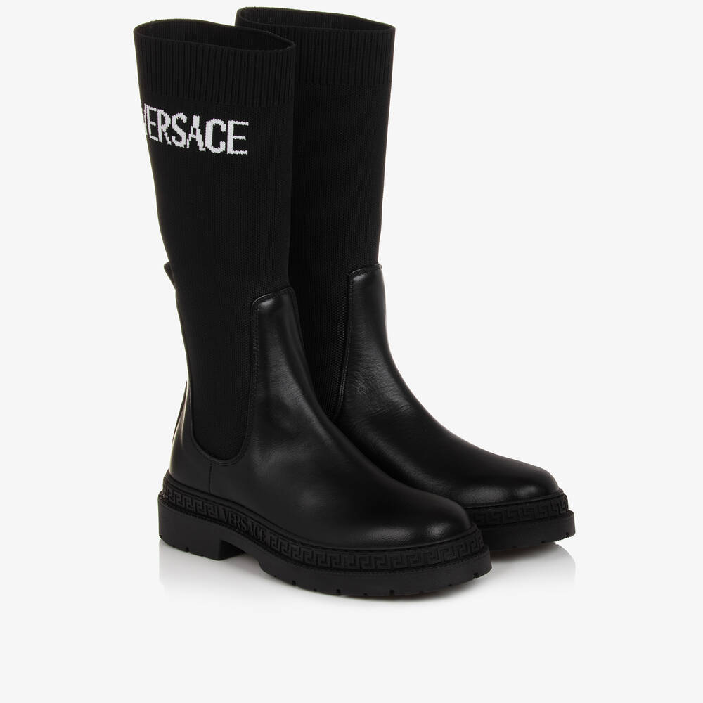 Versace - Schwarze Greca Leder-Strick-Stiefel | Childrensalon