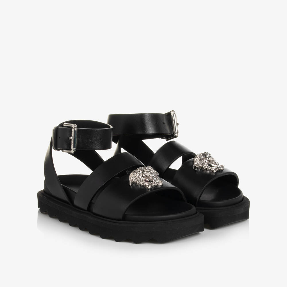Versace-Teen Girls Black Leather Medusa Sandals | Childrensalon Outlet
