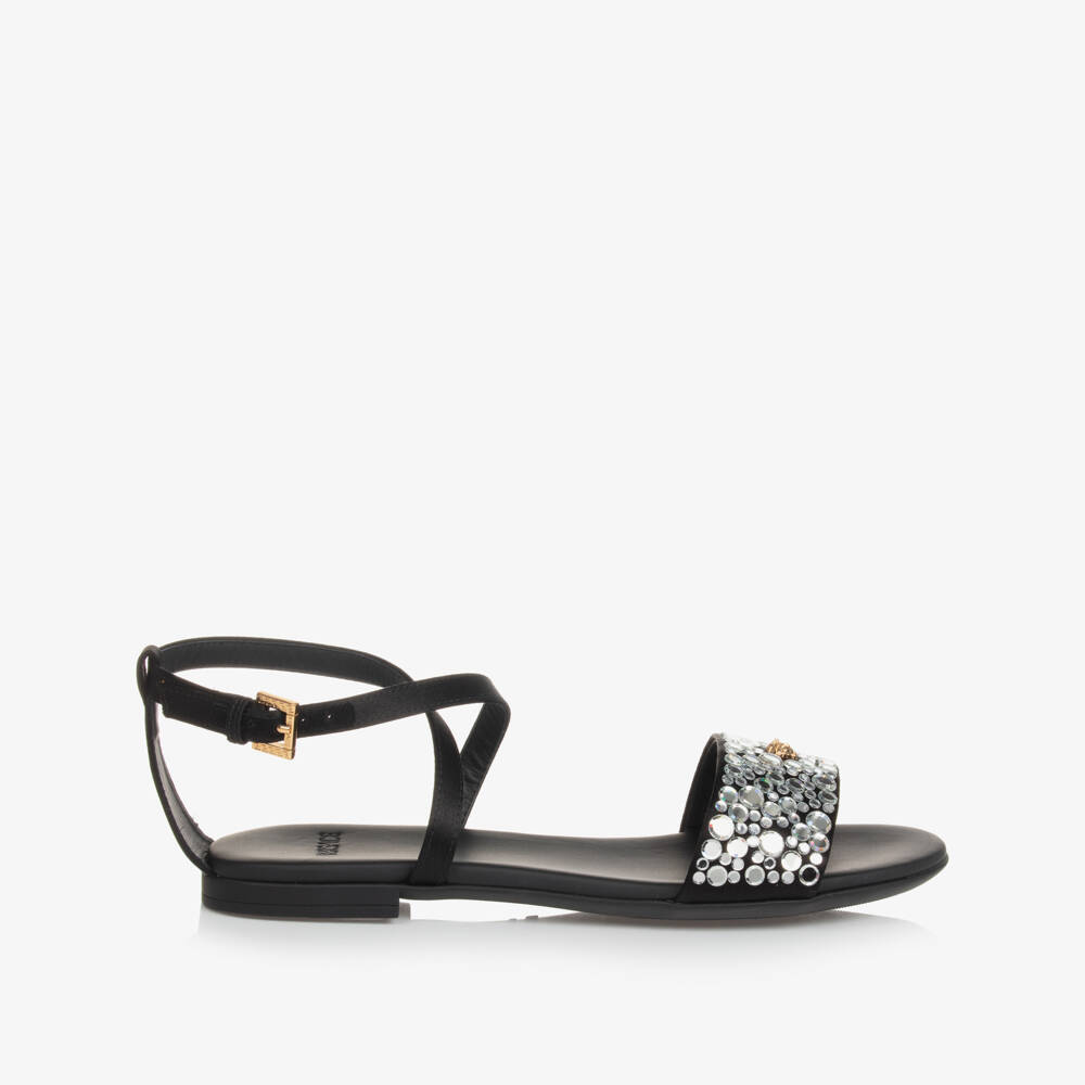 Versace-صندل فيسكوز ساتان وجلد لون أسود للمراهقات | Childrensalon Outlet