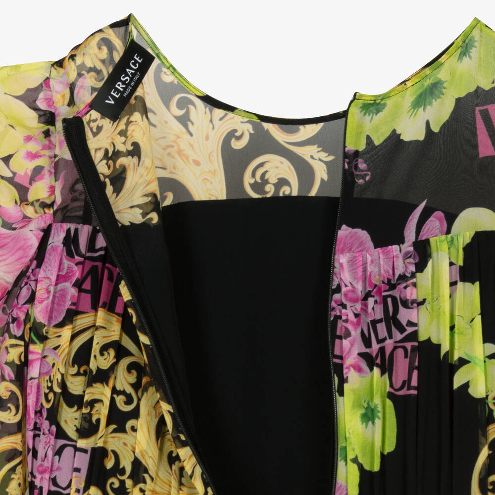 Versace-Черное шелковое платье с принтом Medusa Orchid | Childrensalon Outlet