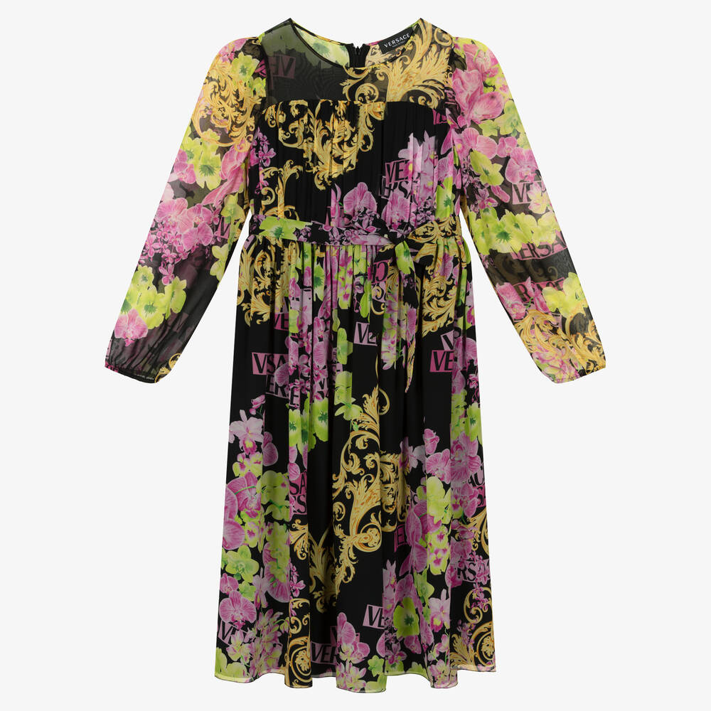 Versace - Teen Girls Black Medusa Orchid Silk Dress  | Childrensalon