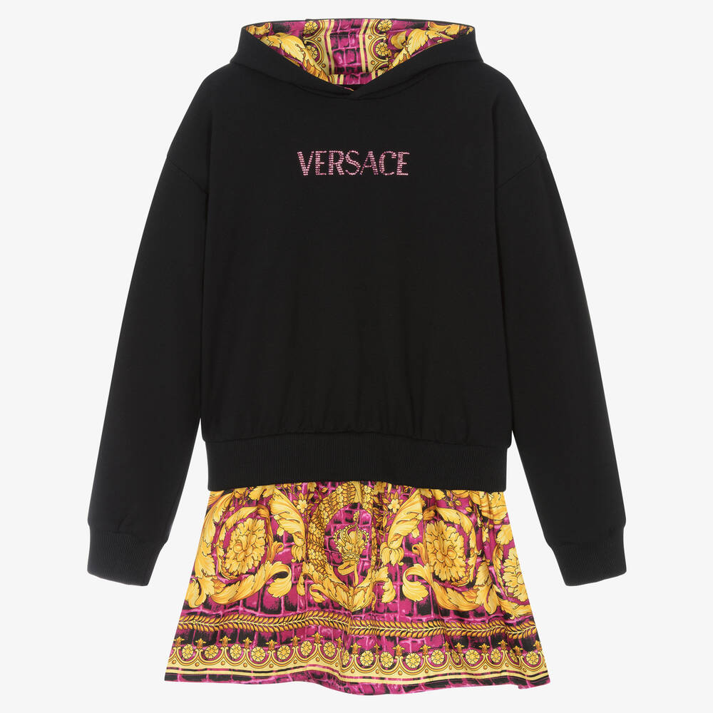 Versace - فستان بطبعة باروك قطن لون أسود وذهبي وزهري | Childrensalon