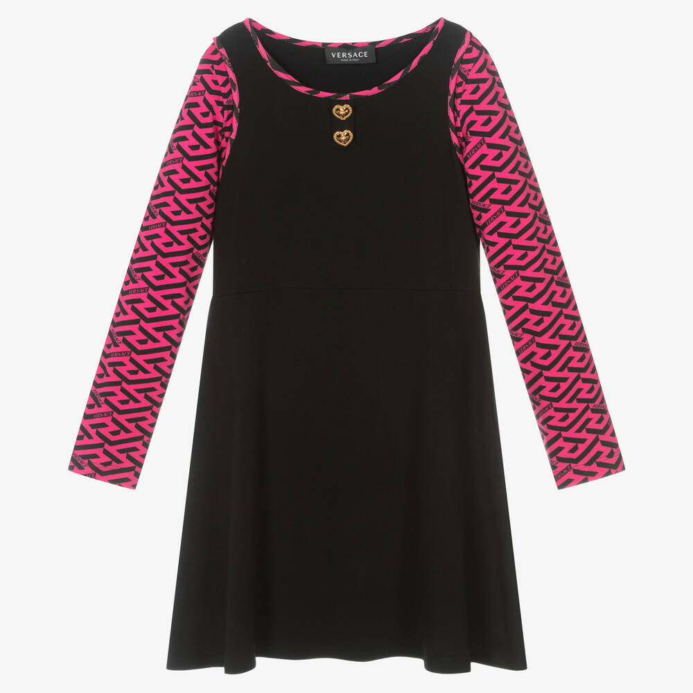 Versace - Teen Kleid mit Greca-Muster in Schwarz & Pink (M) | Childrensalon