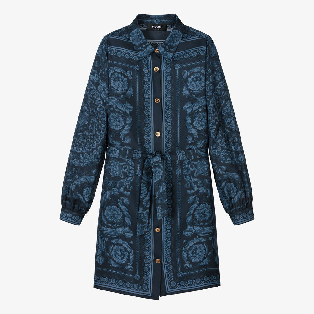 Versace Teen Girls Blue Silk Barocco Shirt Dress Childrensalon Outlet