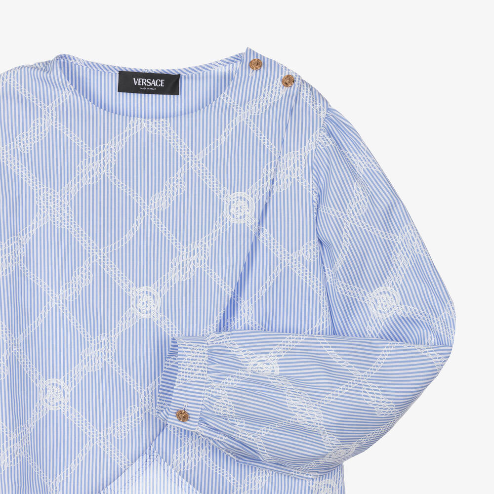 Versace-بلوزة قطن مقلم لون أزرق وأبيض للمراهقات | Childrensalon Outlet