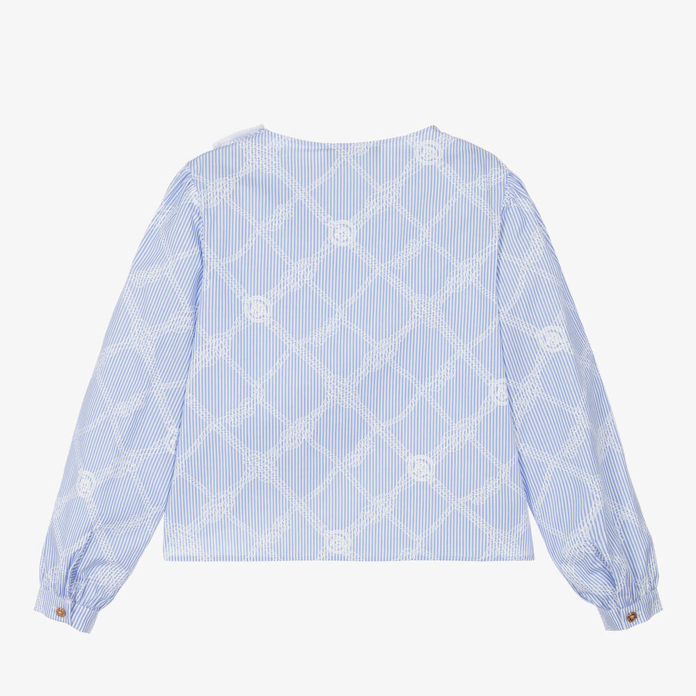 Versace-بلوزة قطن مقلم لون أزرق وأبيض للمراهقات | Childrensalon Outlet