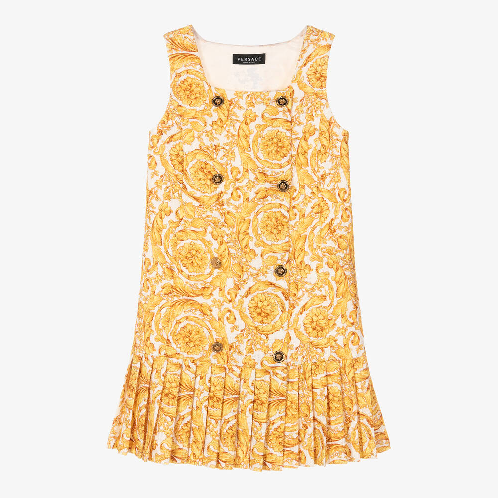 Versace - فستان قطن تويد لون ذهبي وأبيض بطبعة الباروك | Childrensalon