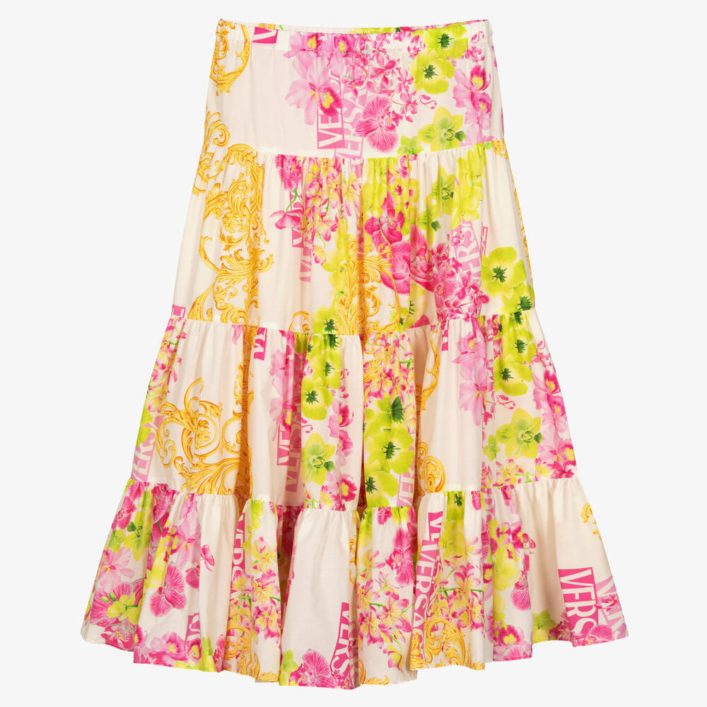 Versace-Кремовая юбка с орхидеями | Childrensalon Outlet