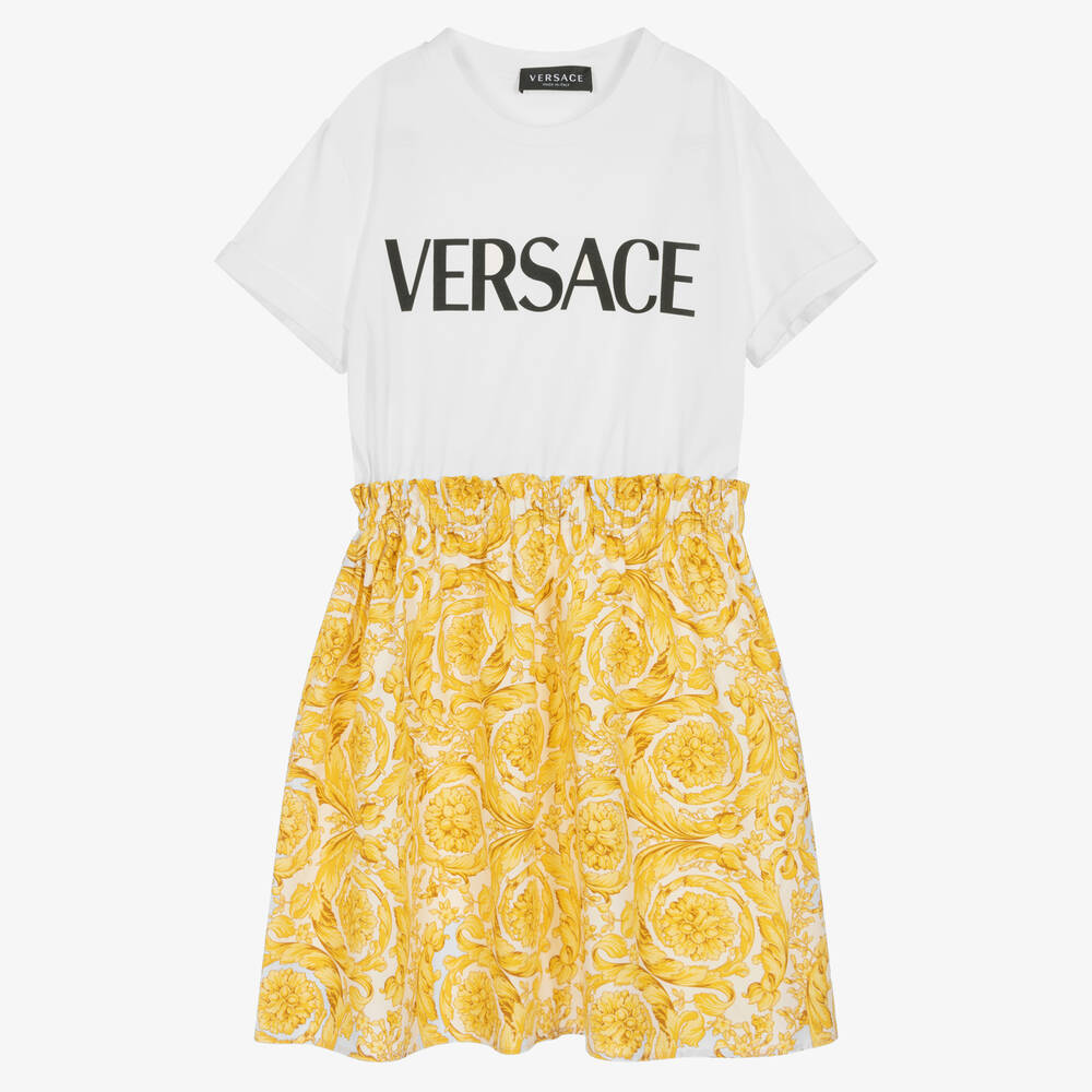 Versace - فستان قطن بوبلين لون عاجي وذهبي بطبعة الباروك | Childrensalon