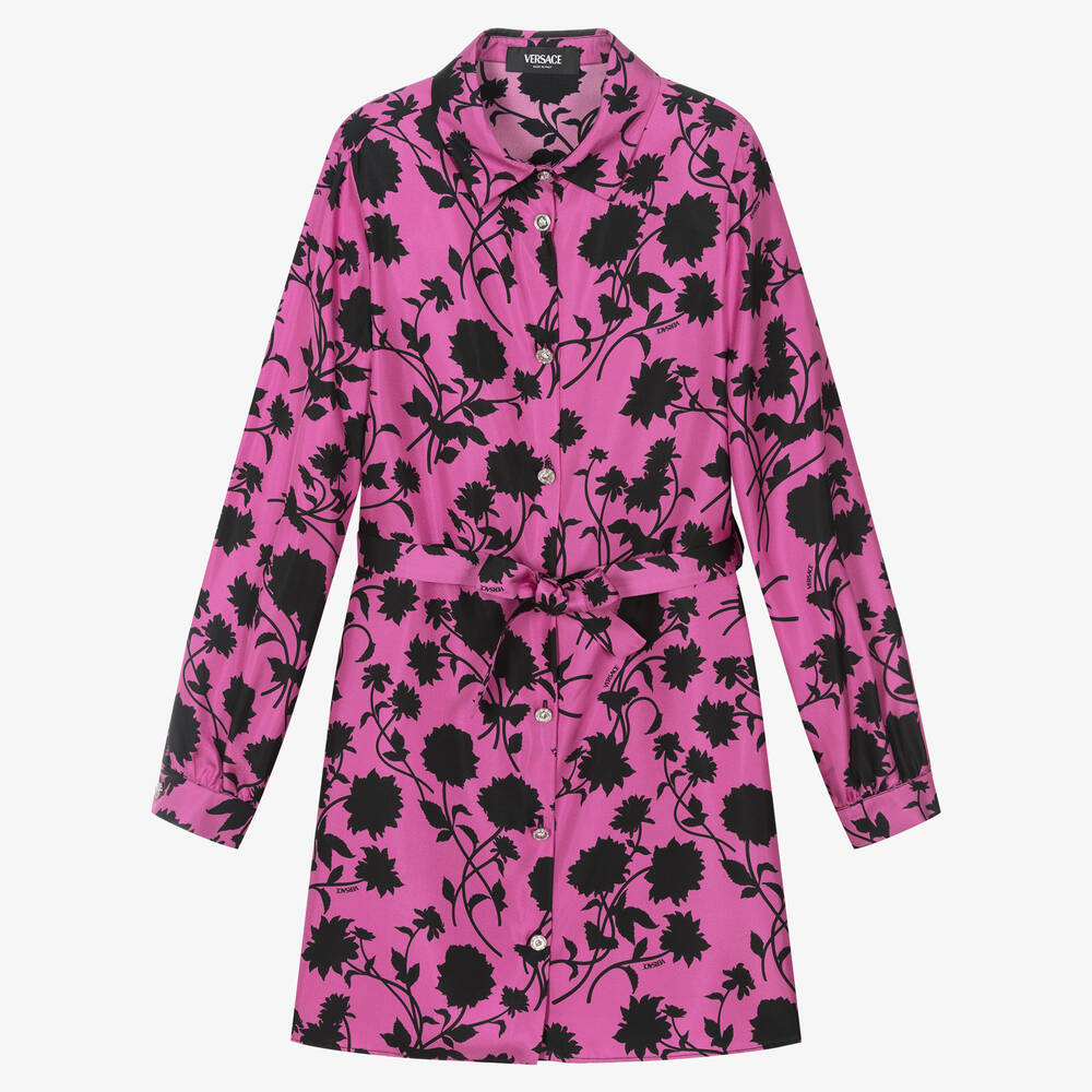 Versace-Розовое шелковое платье с черными цветами | Childrensalon Outlet