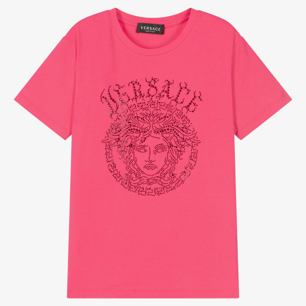 Versace - T-shirt rose en coton et strass ado | Childrensalon