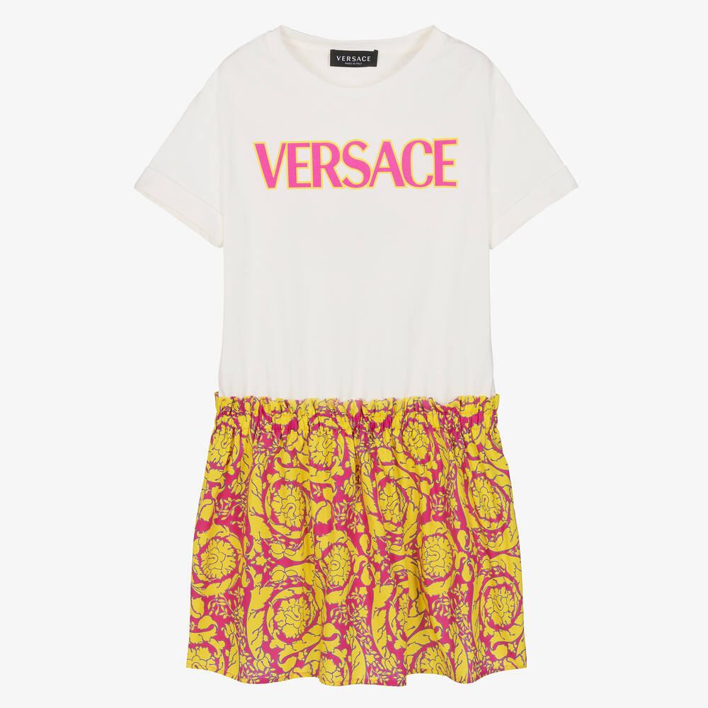 Versace - فستان قطن لون زهري وأصفر بطبعة الباروك | Childrensalon