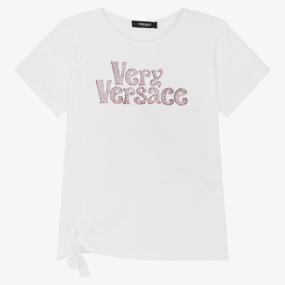 Versace - تيشيرت قطن مزين بديامنتي لون أبيض تينز بناتي | Childrensalon