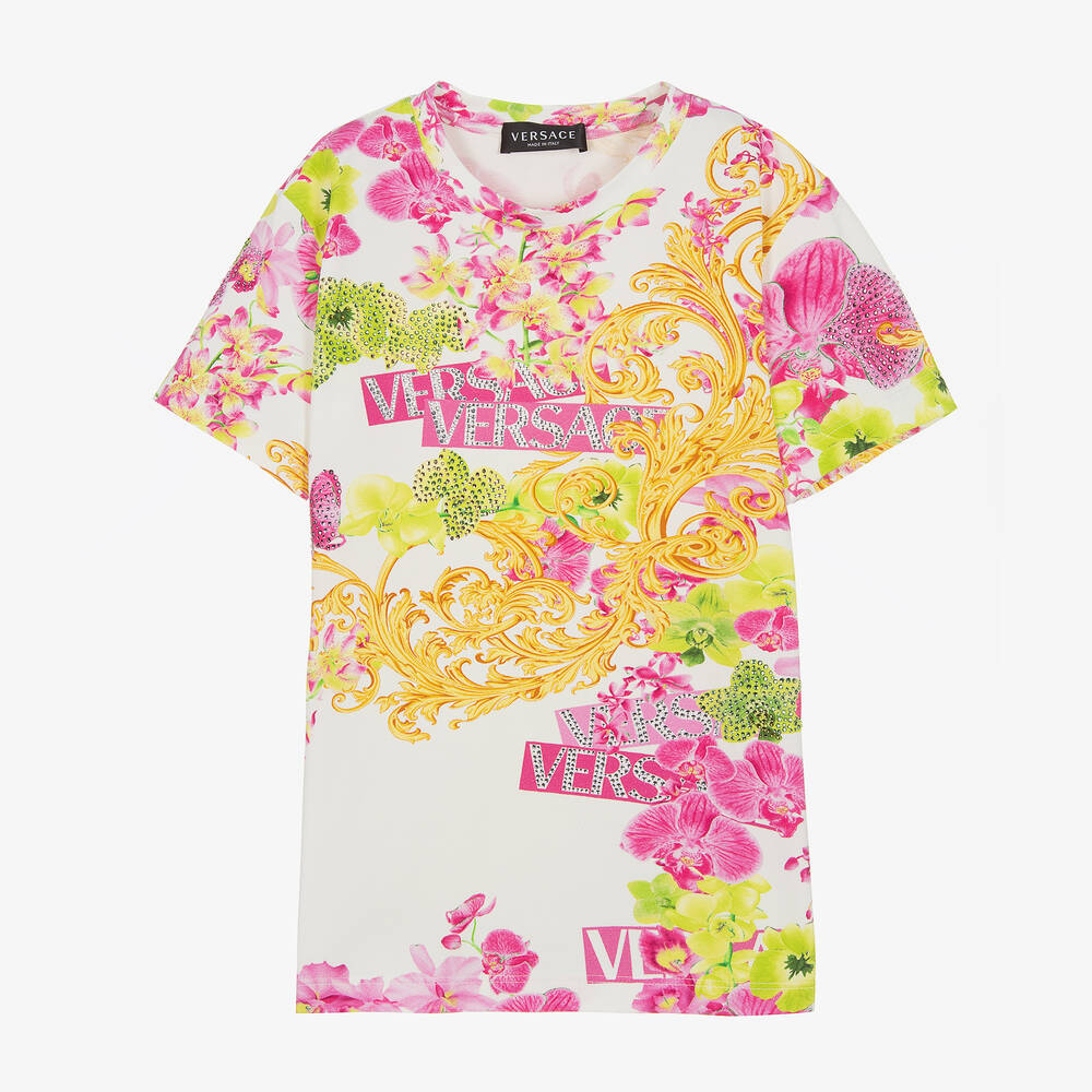 Versace - Teen Girls White Orchid Logo T-Shirt  | Childrensalon