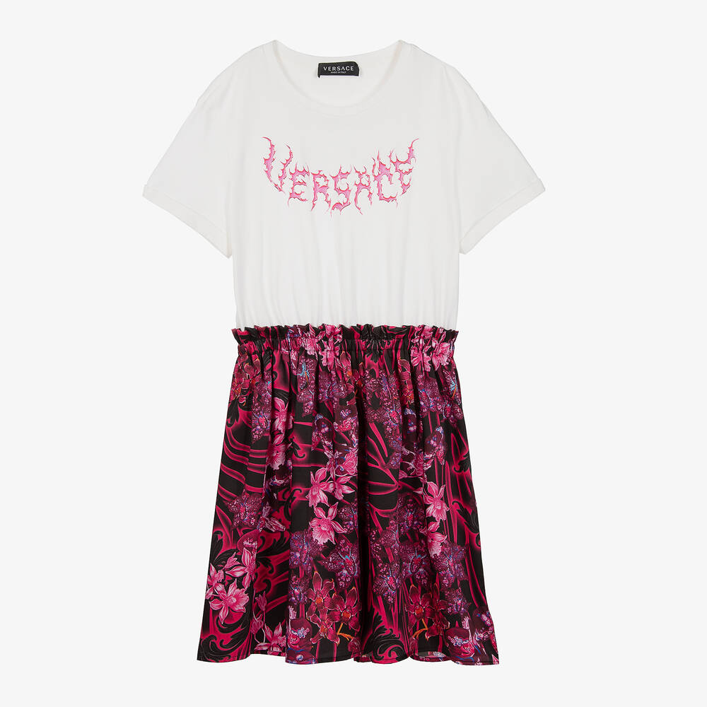 Versace - Teen Girls White & Pink Orchid Barocco Dress | Childrensalon