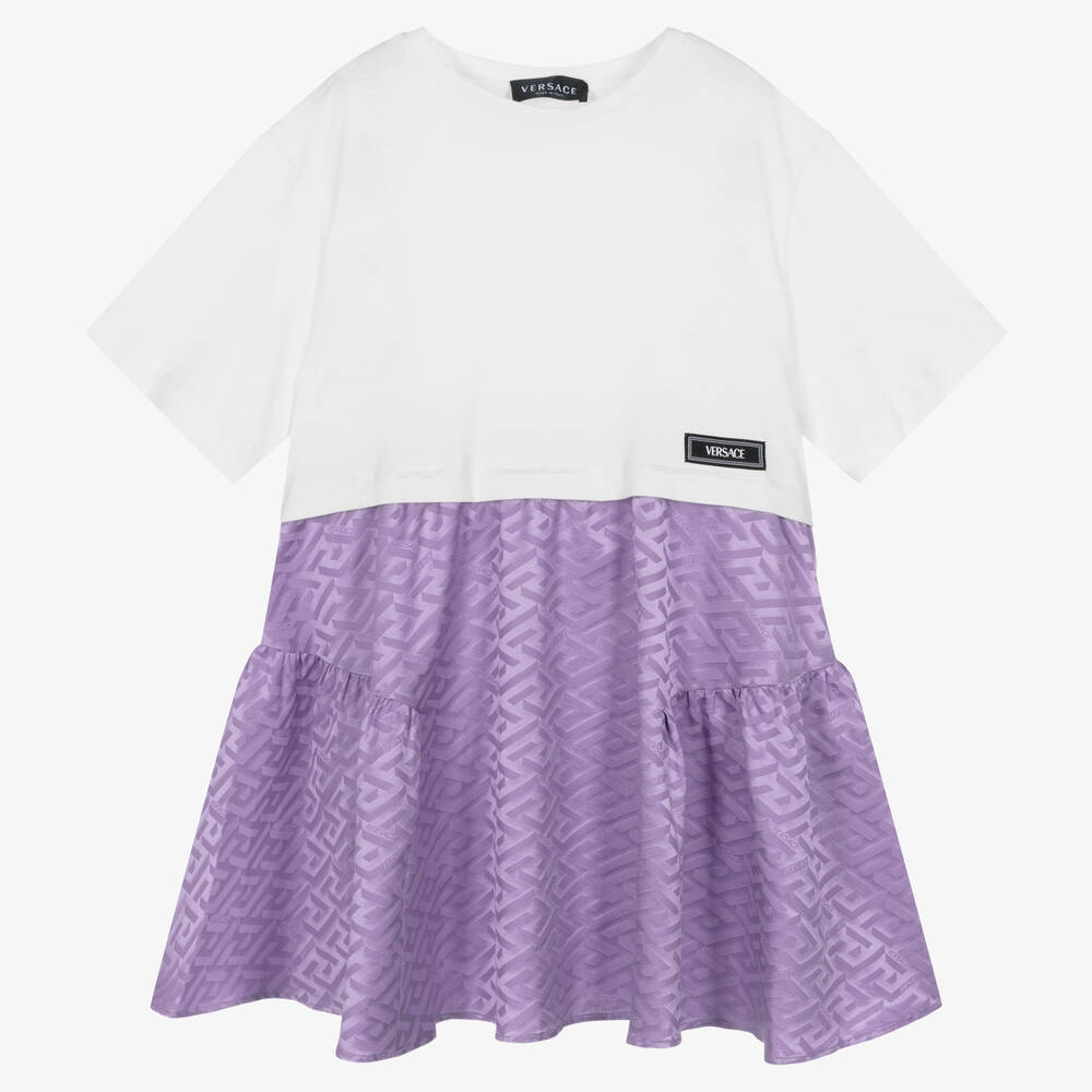 Versace-Teen Girls White & Purple Greca Signature Dress | Childrensalon Outlet