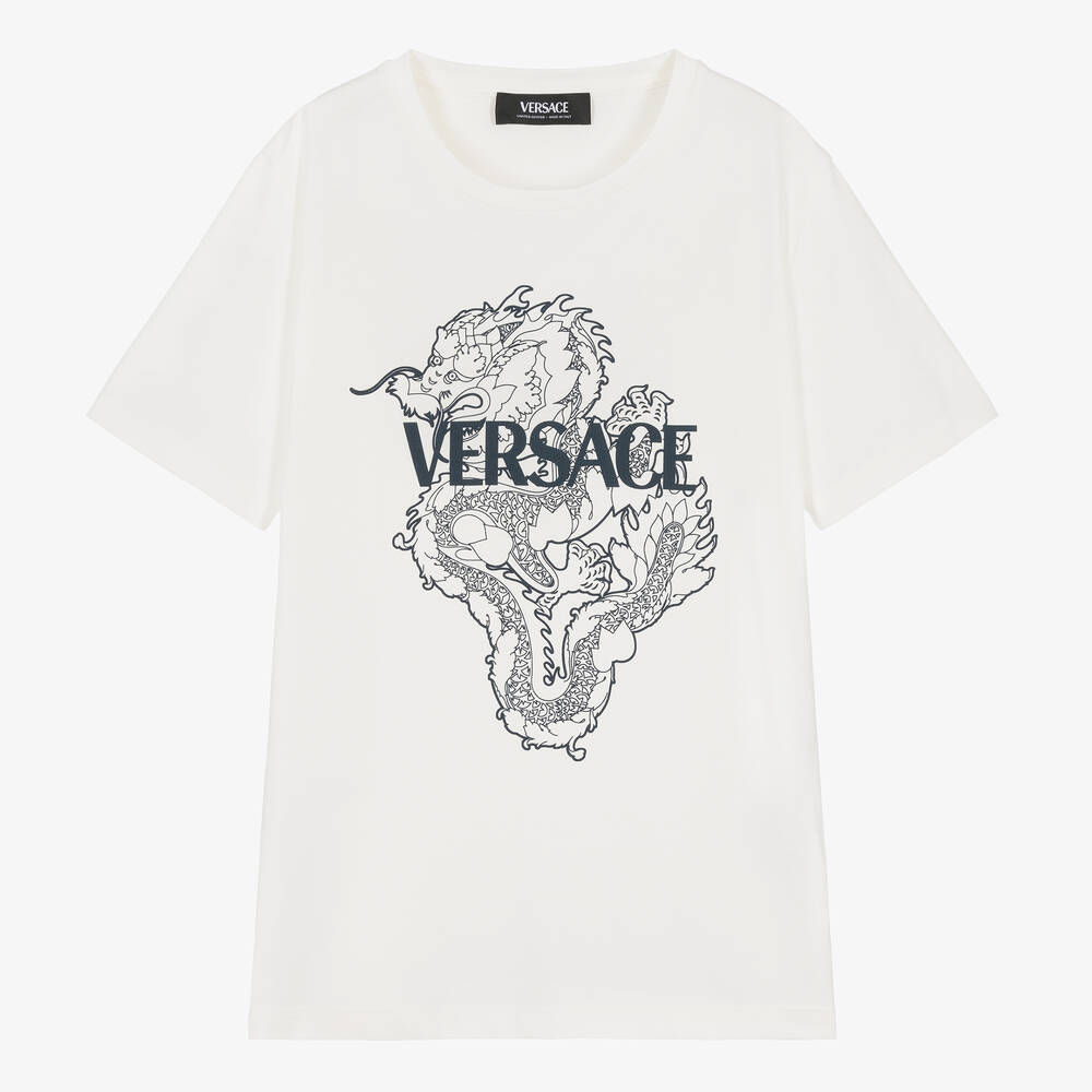 Versace-Teen White & Blue Cotton Dragon T-Shirt | Childrensalon Outlet