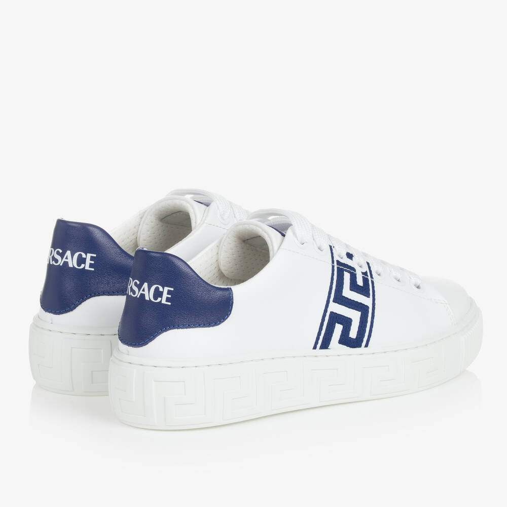 Versace-Teen White & Blue Greca Leather Trainers | Childrensalon Outlet
