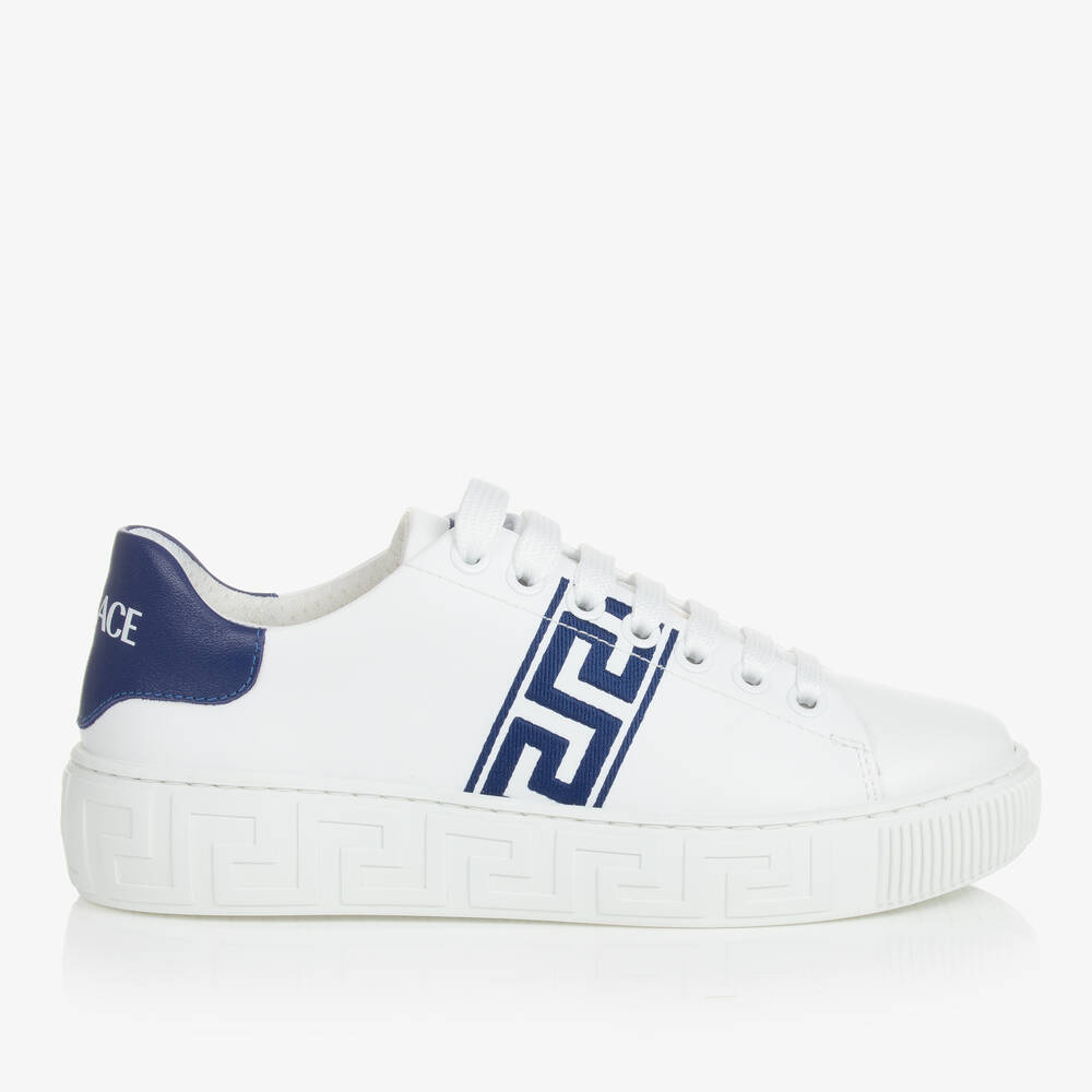 Versace Teen White Blue Greca Leather Trainers Childrensalon Outlet