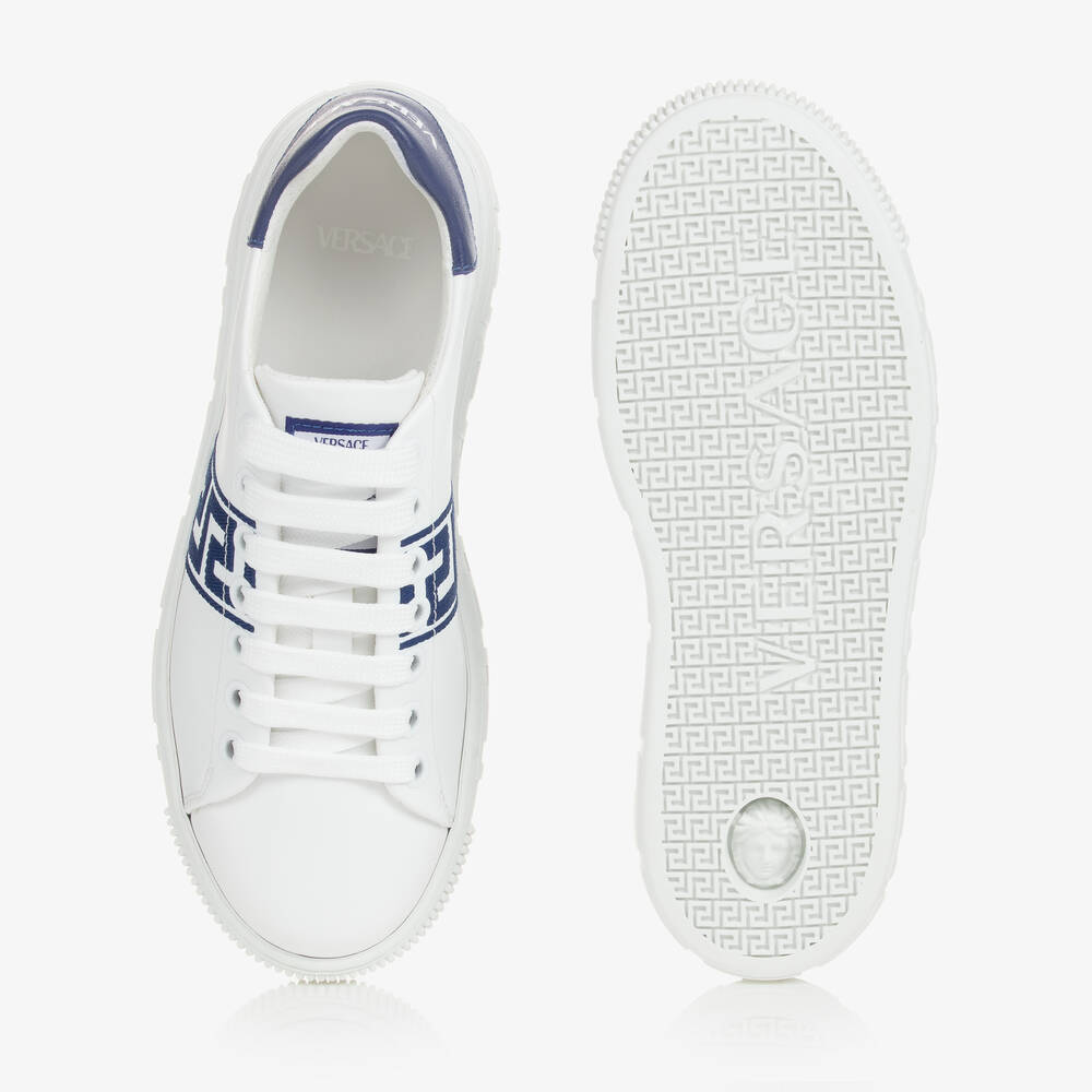 Versace-Teen White & Blue Greca Leather Trainers | Childrensalon Outlet