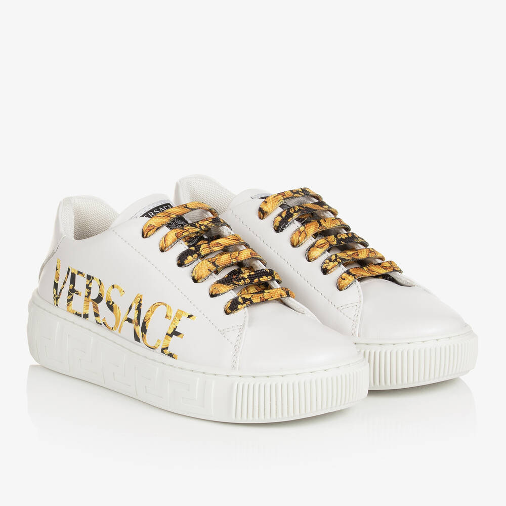 Versace - Teen White Leather Barocco Trainers | Childrensalon