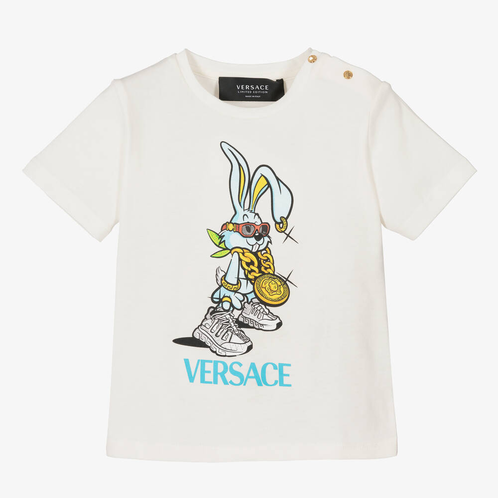 Versace - Бело-голубая футболка с кроликом для малышей | Childrensalon