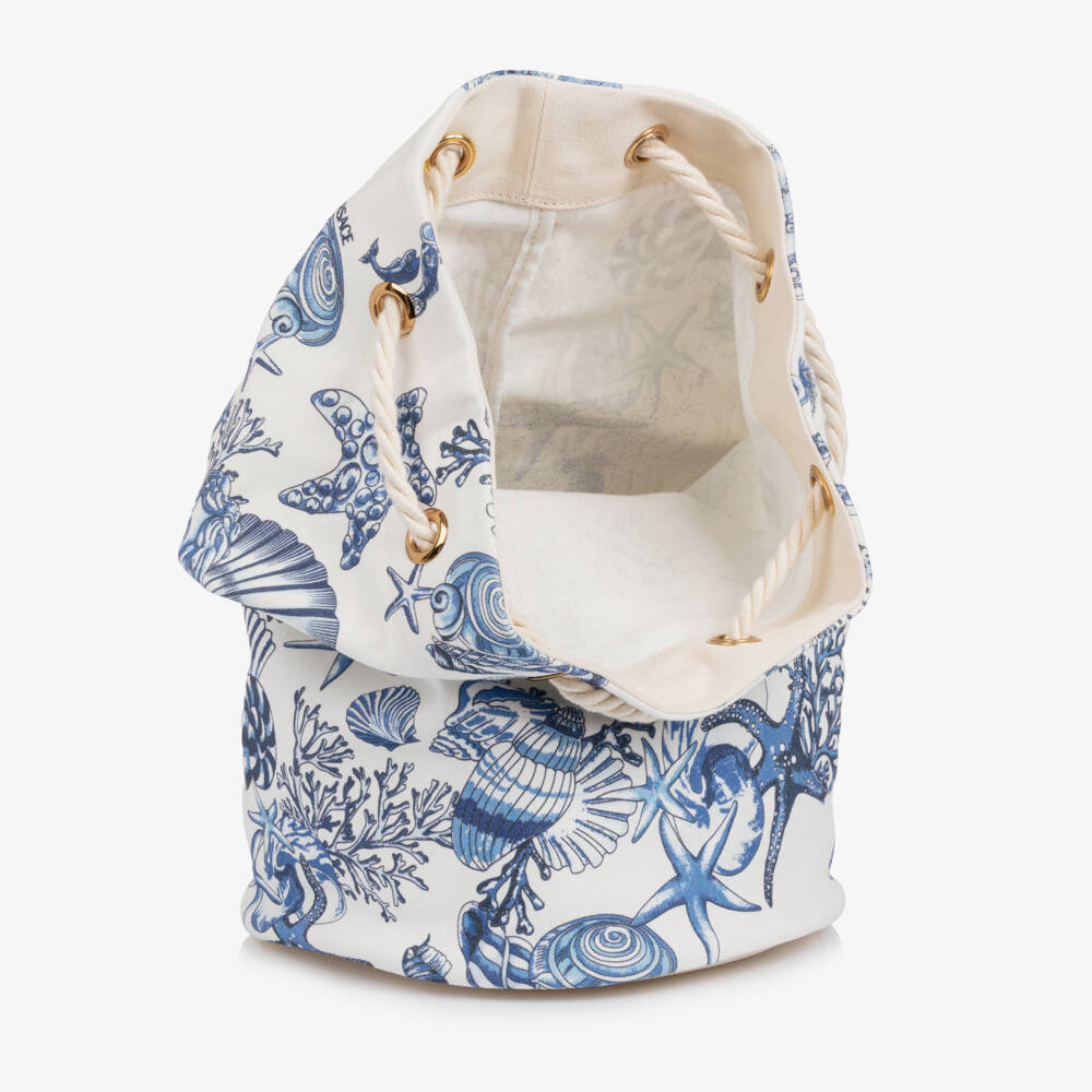 Versace-White & Blue Coral Theatre Cotton Drawstring Bag (41cm) | Childrensalon Outlet