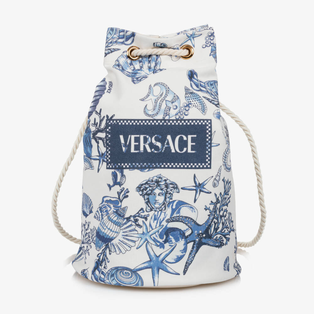 Versace-White & Blue Coral Theatre Cotton Drawstring Bag (41cm) | Childrensalon Outlet