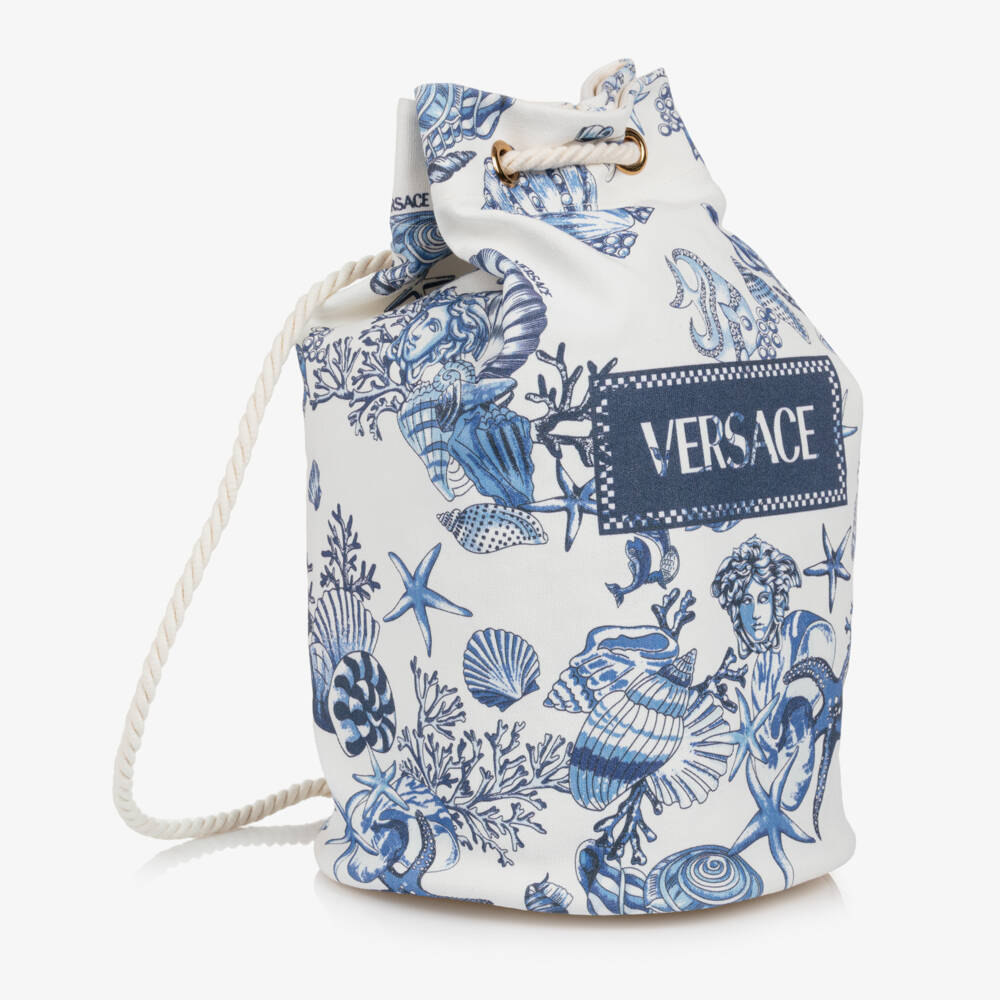 Versace-White & Blue Coral Theatre Cotton Drawstring Bag (41cm) | Childrensalon Outlet