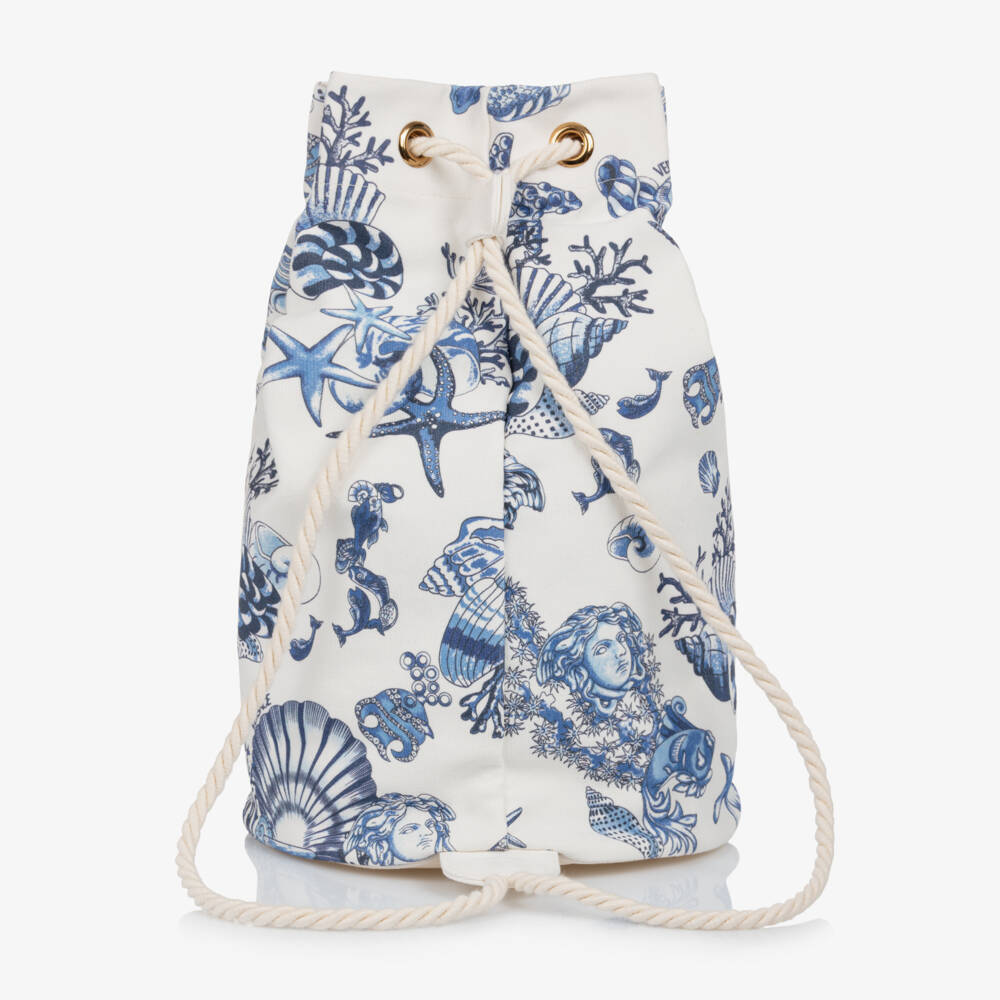 Versace-White & Blue Coral Theatre Cotton Drawstring Bag (41cm) | Childrensalon Outlet
