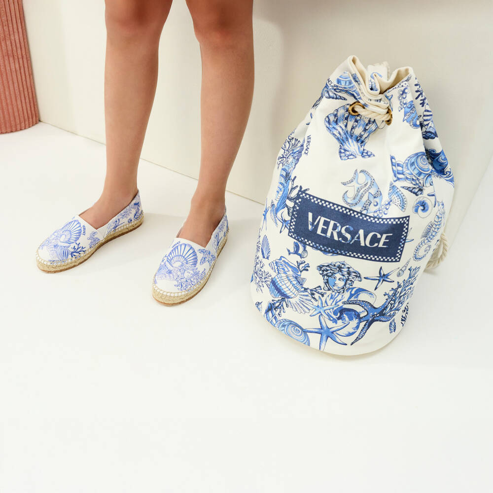 Versace-White & Blue Coral Theatre Cotton Drawstring Bag (41cm) | Childrensalon Outlet