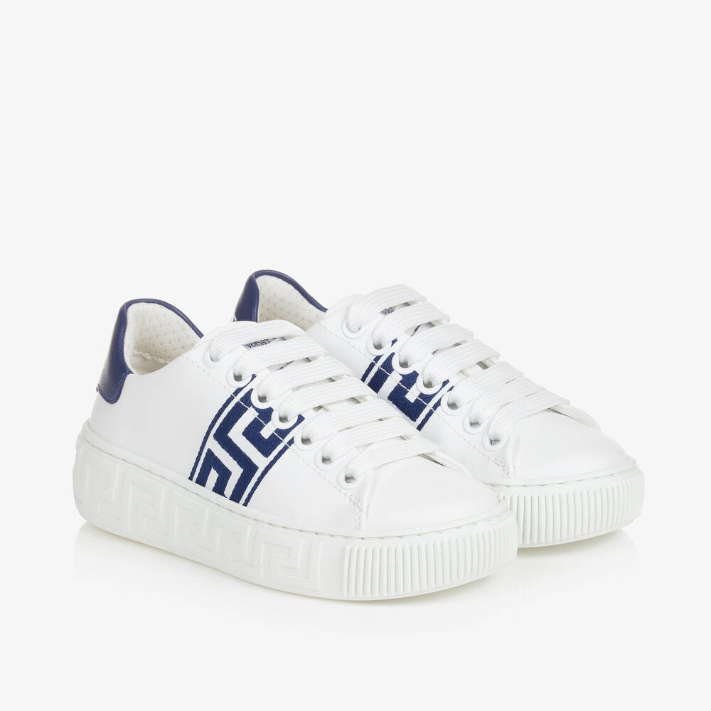 Versace-White & Blue Greca Leather Trainers | Childrensalon Outlet