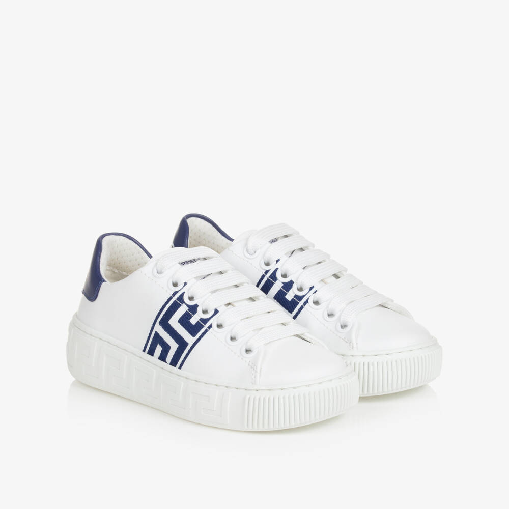 Versace-White & Blue Greca Leather Trainers | Childrensalon Outlet