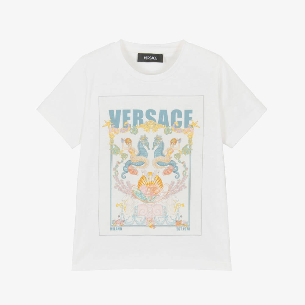 Versace-White Coral Theatre Postcard Logo T-Shirt | Childrensalon Outlet