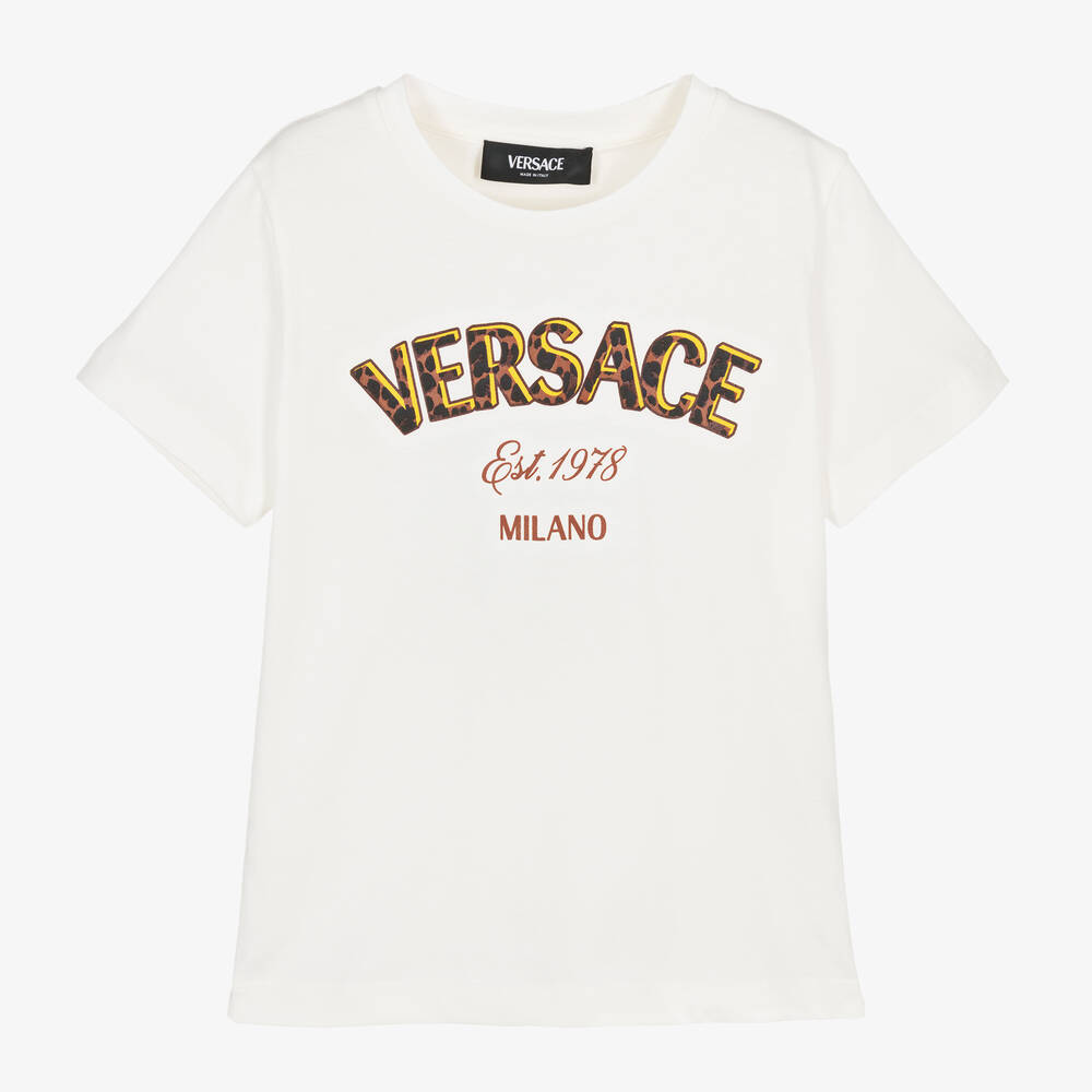 Versace-White Cotton Leopard Print Logo T-Shirt | Childrensalon Outlet