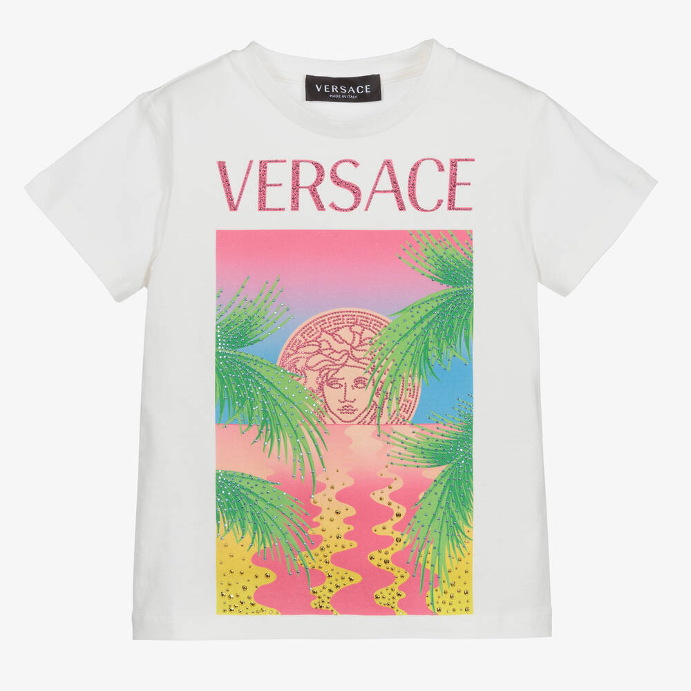Versace - تيشيرت مادوسا قطن لون أبيض وزهري للبنات | Childrensalon