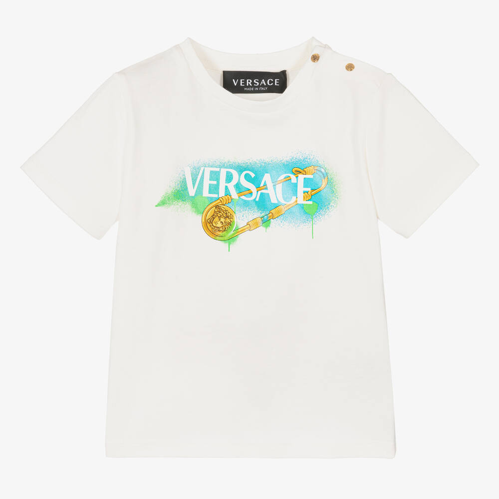 Versace-White Cotton Safety Pin Logo Baby T-Shirt | Childrensalon Outlet