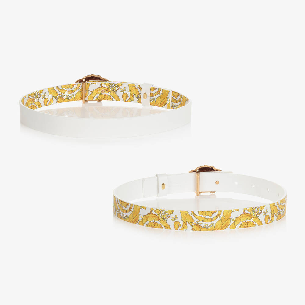 Versace-حزام بوجهين جلد لون أبيض وذهبي بطبعة الباروك | Childrensalon Outlet