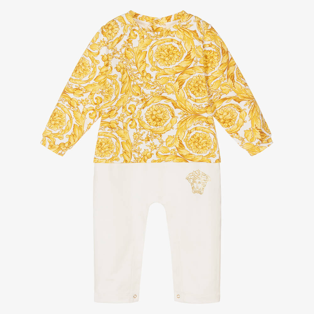 Versace - أفرول رومبر بطبعة الباروك قطن جيرسي لون أبيض وذهبي للأطفال | Childrensalon