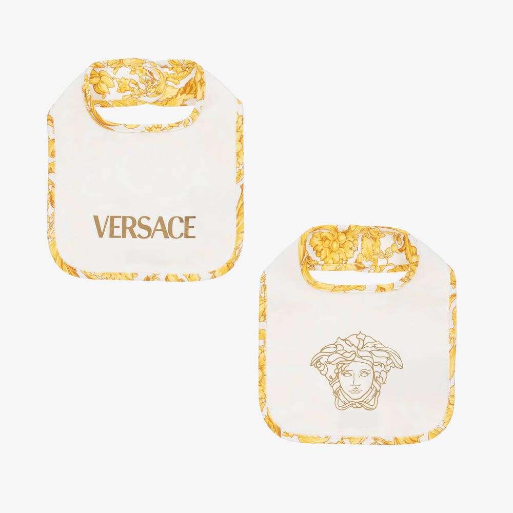 Versace - Бело-золотистые слюнявчики из хлопка с принтом Barocco | Childrensalon
